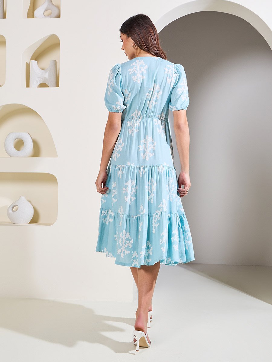 Block Print Tiered Wrap Midi Dress