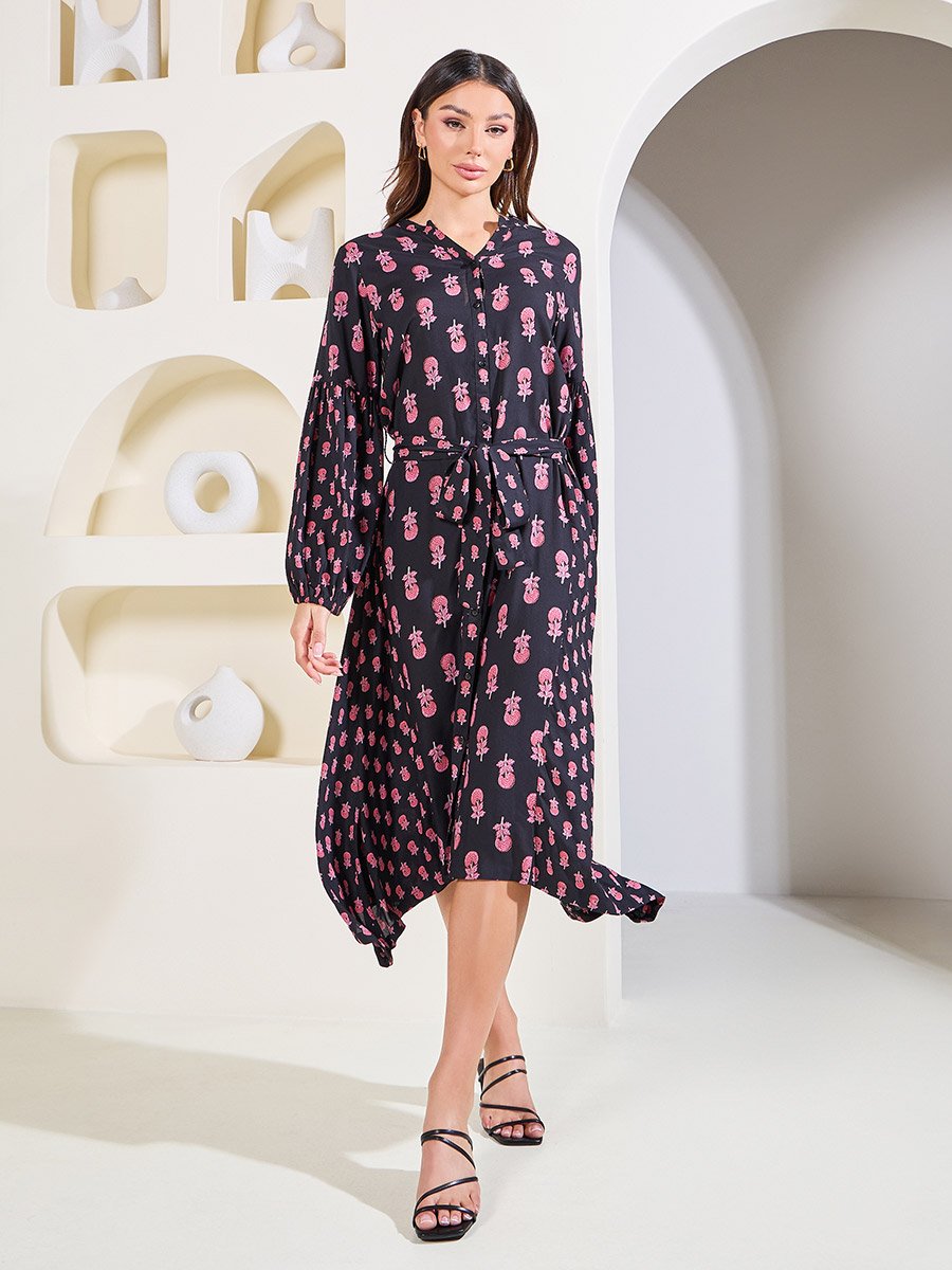 Floral Print Shirt Midi Dress with Waist Tie Up