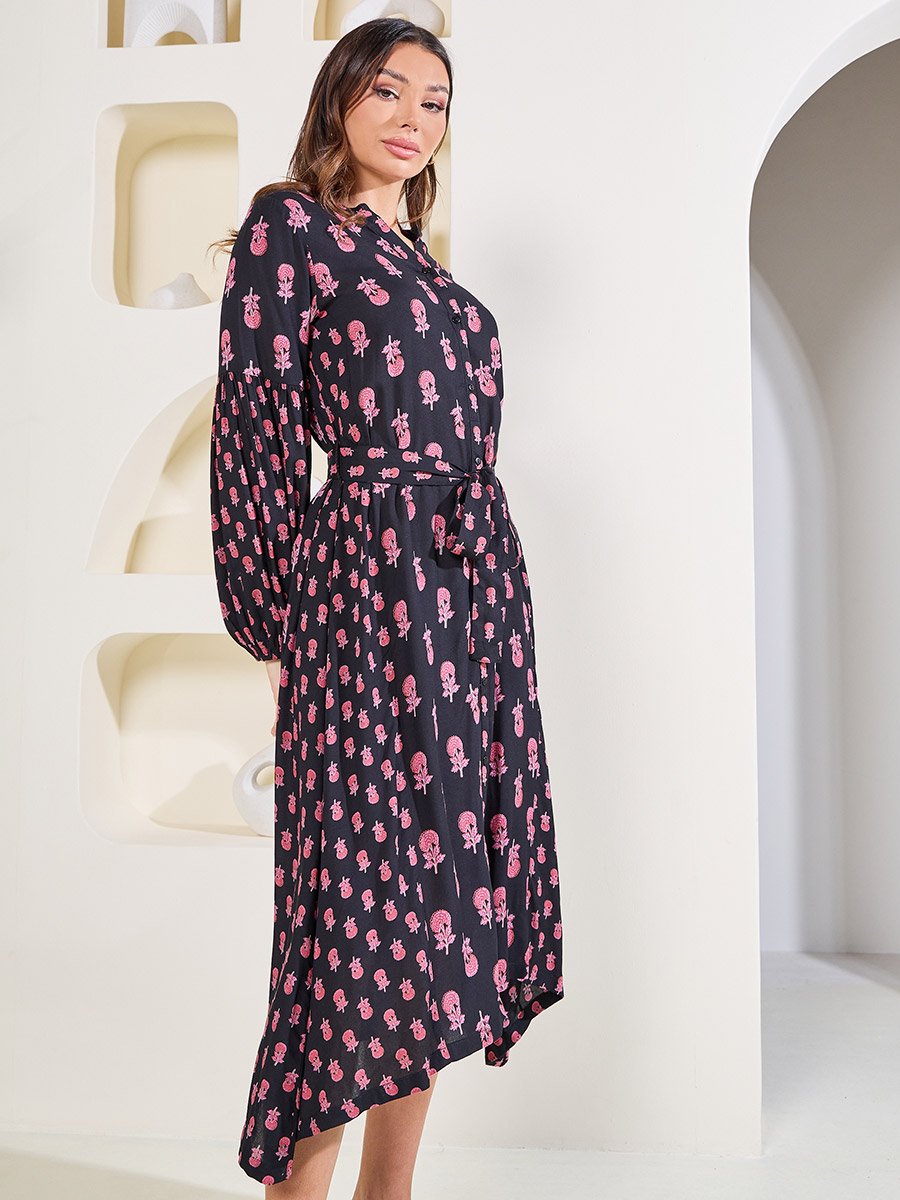 Floral Print Shirt Midi Dress with Waist Tie Up
