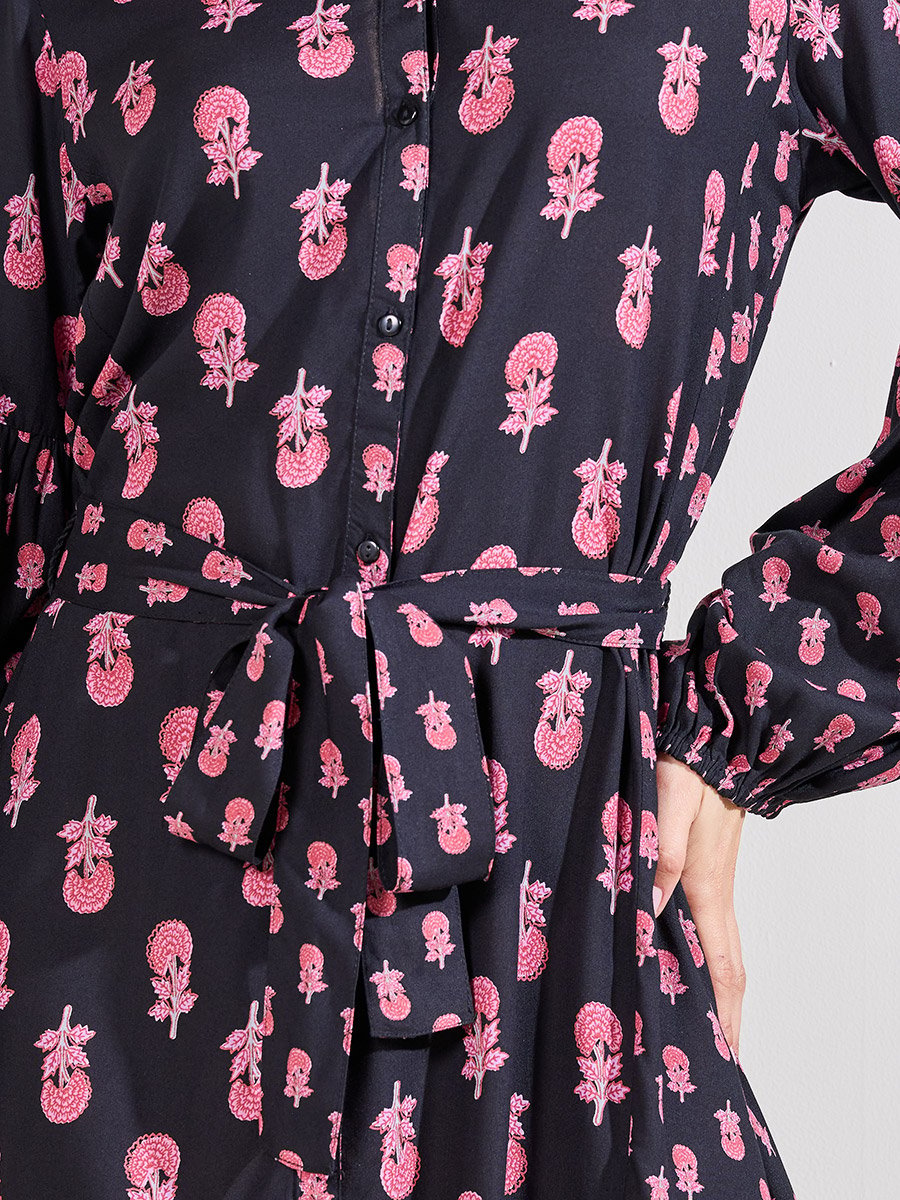 Floral Print Shirt Midi Dress with Waist Tie Up