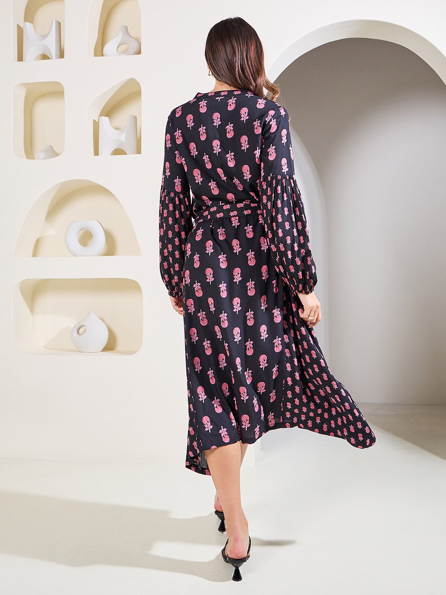 Floral Print Shirt Midi Dress with Waist Tie Up