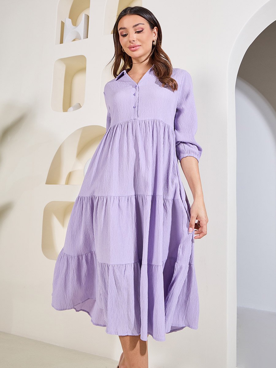 Textured Pleated Detail Collared Tiered Midi Dress For Women at Saudi |  Styli