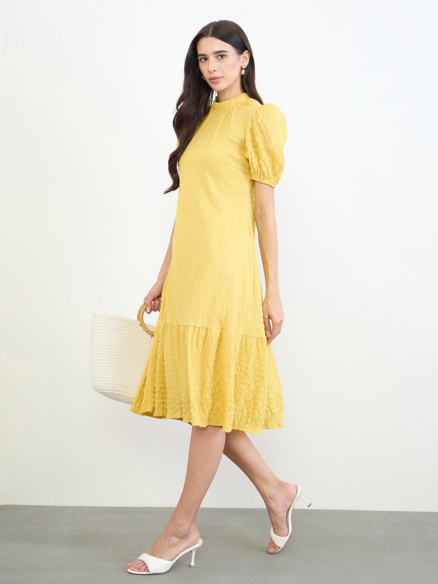 knee length dresses for ladies BUBBLEGUM LEMON YELLOW POPLIN PUFF SLEEVES MIDI DRESS