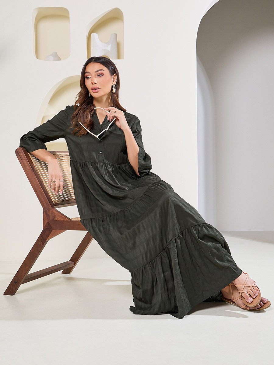 chinese dress ladies Mandarin Collar Tiered Rayon Maxi Dress Blue – Broadway Modest Co main image 1