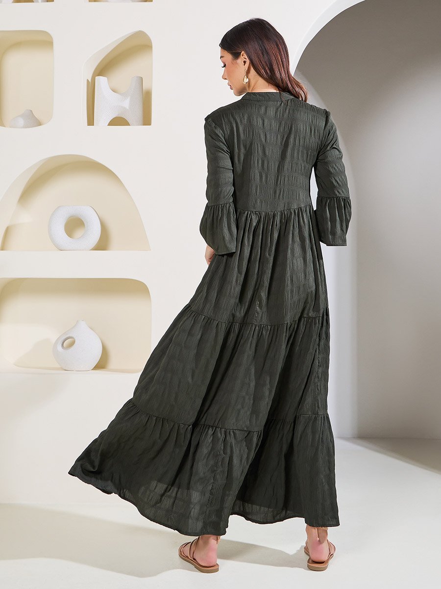 Textured Mandarin Collar Tiered Maxi Dress For Women at Saudi | Styli