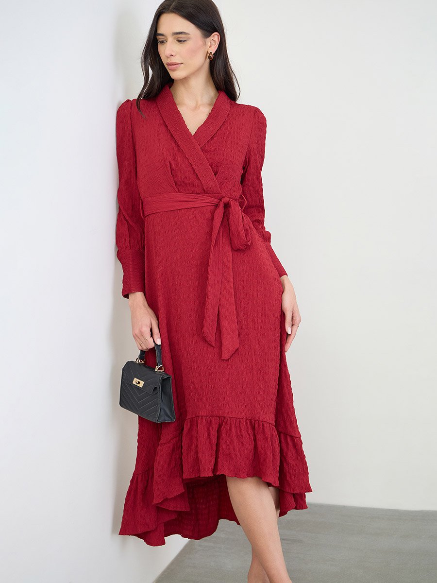 Red Ruffle Hem Wrap Midi Dress