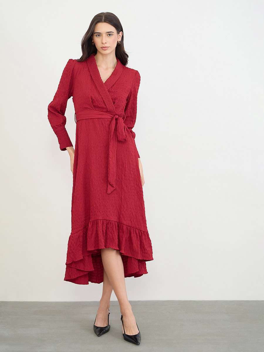 Red Ruffle Hem Wrap Midi Dress