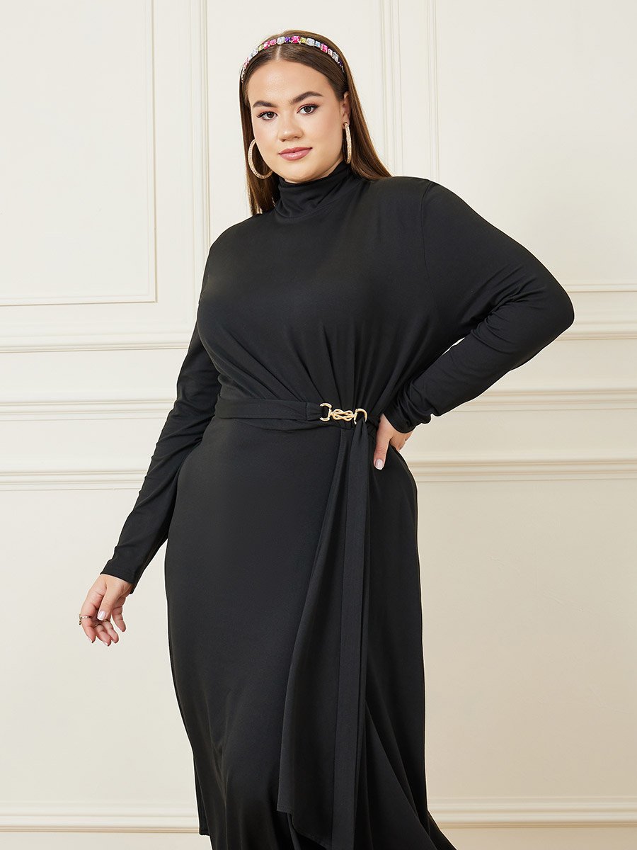 Plus Asymmetrical Long Sleeve Maxi Dress with Belt For Women at Bahrain |  Styli