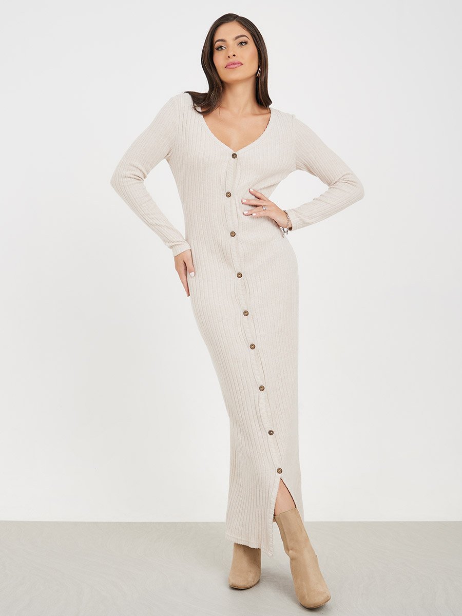 Ribbed Knit Bodycon Maxi Dress with Buttons For Women at Saudi | Styli Ribbed Knit Bodycon Maxi Dress with Buttons For Women at Saudi | Styli