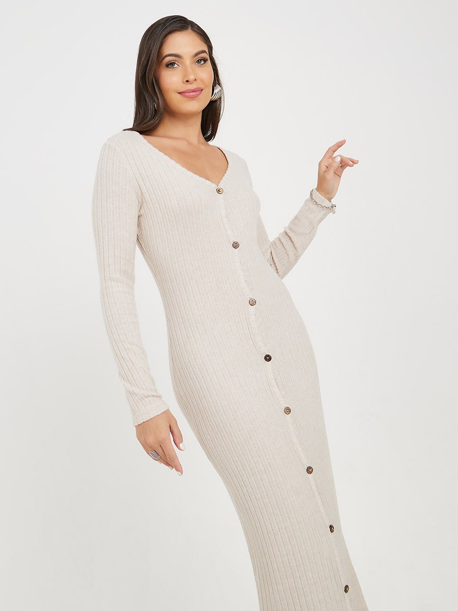 Ribbed Knit Bodycon Maxi Dress with Buttons For Women at Saudi | Styli Ribbed Knit Bodycon Maxi Dress with Buttons For Women at Saudi | Styli