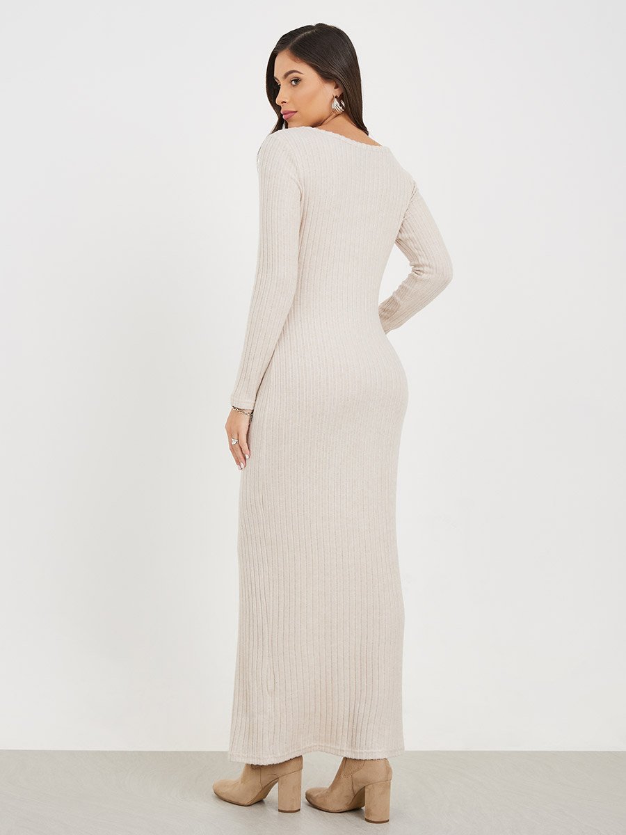 Ribbed Knit Bodycon Maxi Dress with Buttons For Women at Saudi | Styli