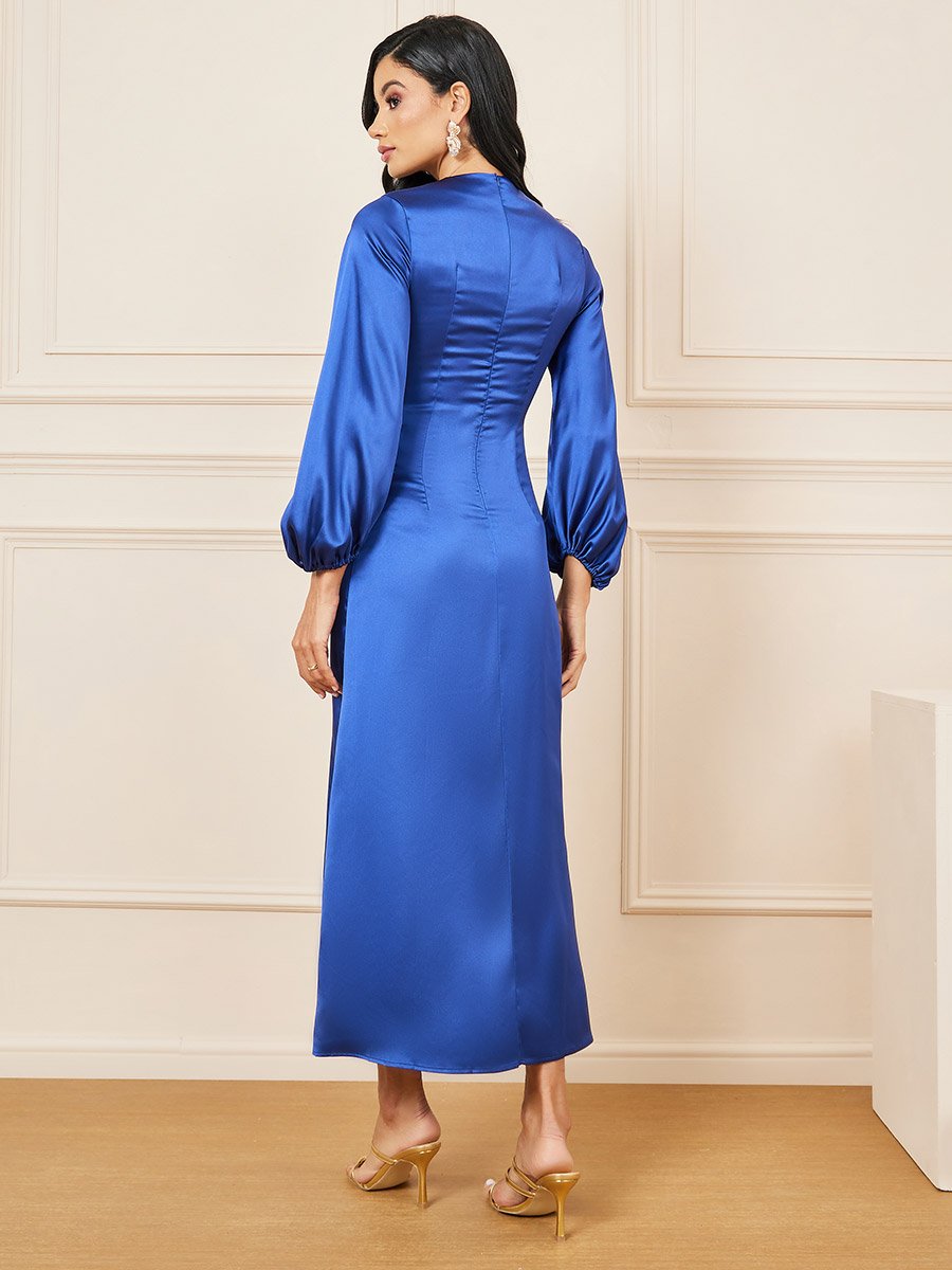 Satin Pleated Asymmetric Hem A-line Midi Dress