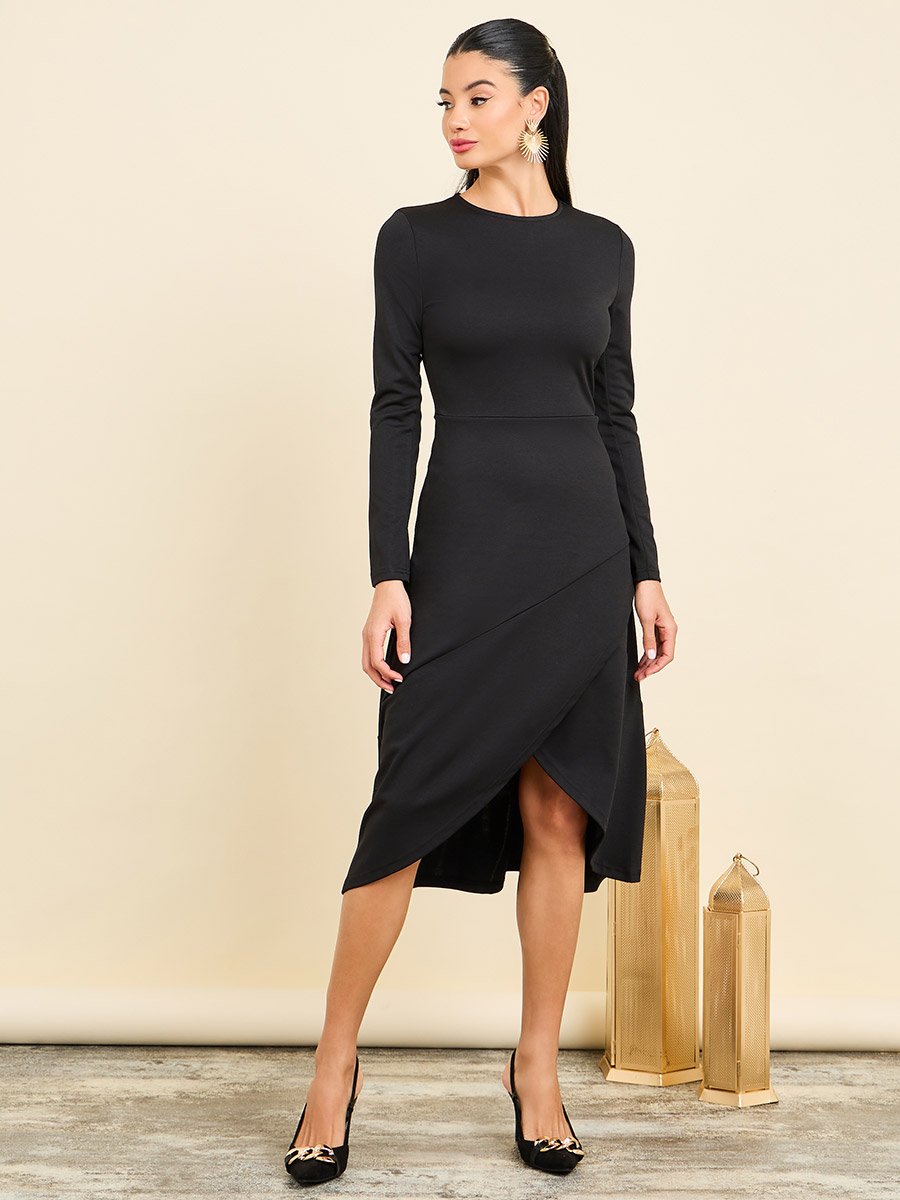 navy blue dress for baby girl NWT ZARA Dress Black Midi Ruched Long Sleeve M/L Asymmetrical Neck main image 1
