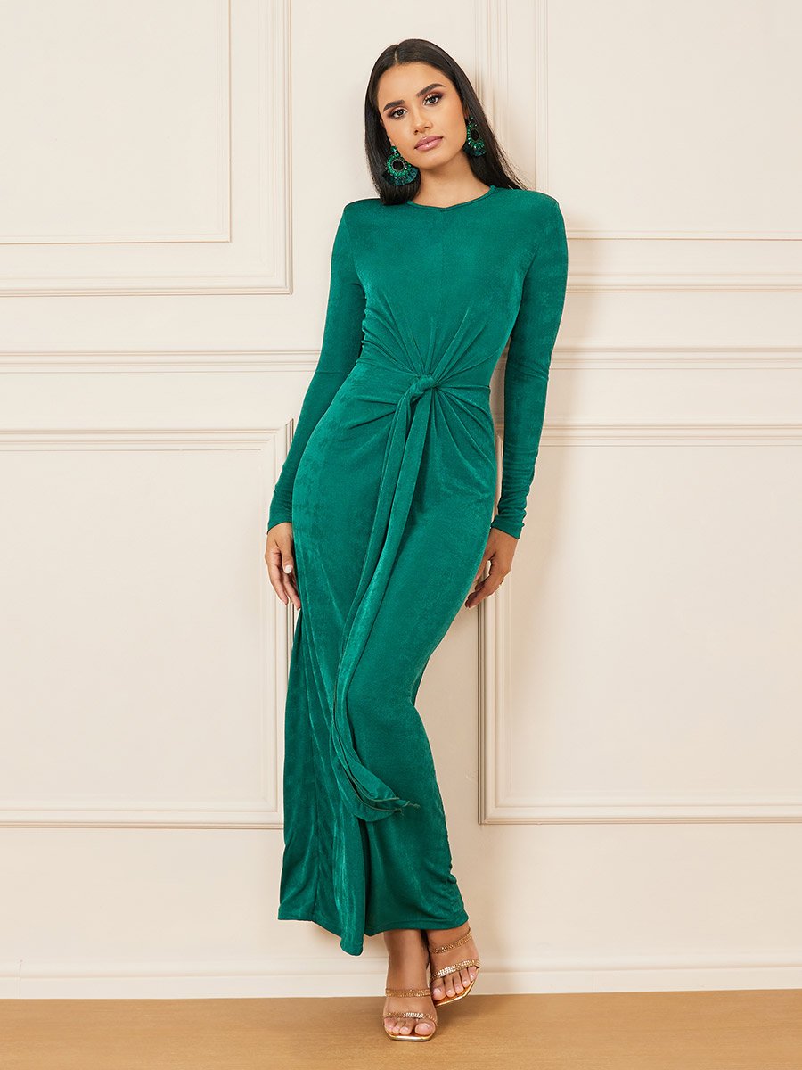Front Knot Detail Long Sleeves Bodycon Maxi Dress For Women at UAE | Styli Front Knot Detail Long Sleeves Bodycon Maxi Dress For Women at UAE | Styli