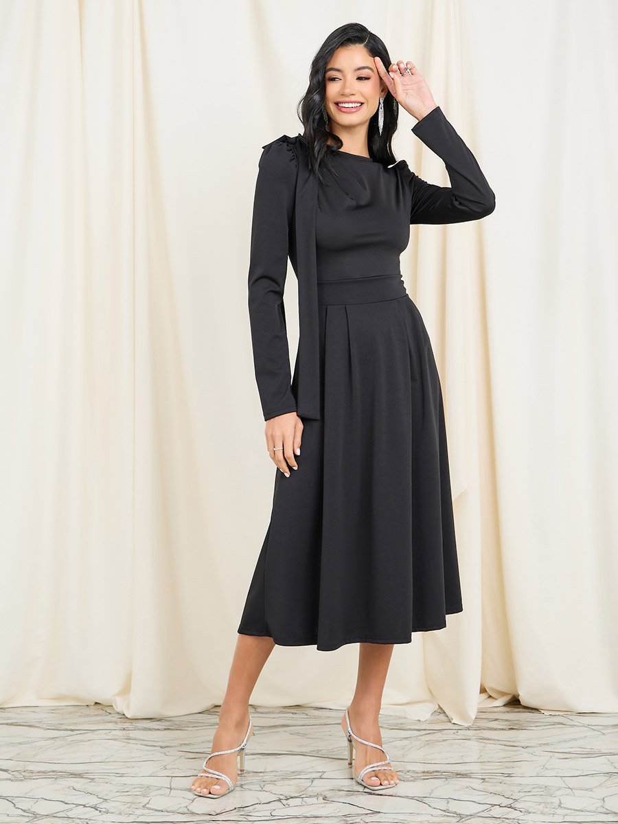 Pleated Bow Applique Detail A-line Midi Dress For Women at Saudi | Styli Pleated Bow Applique Detail A-line Midi Dress For Women at Saudi | Styli