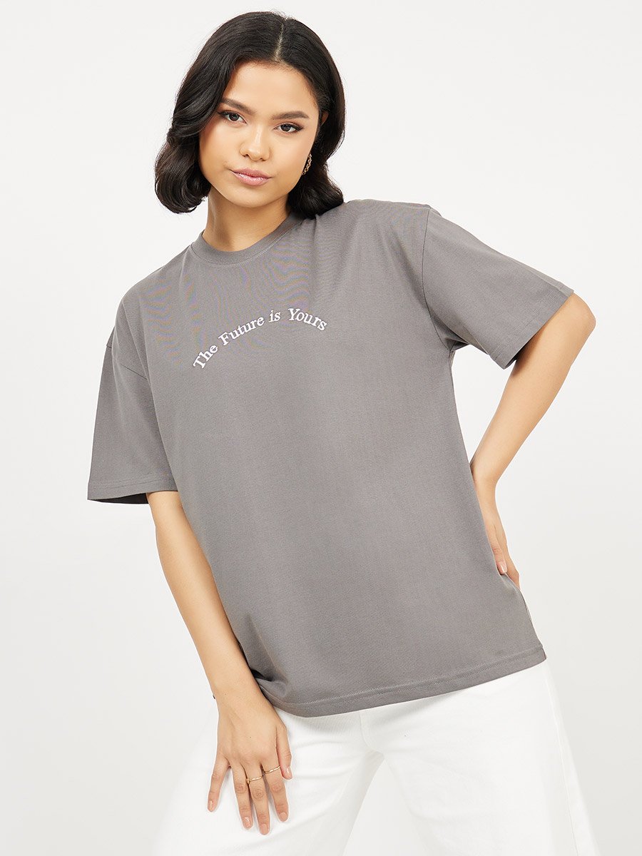 Oversized Embroidered Slogan Drop Shoulder T-Shirt