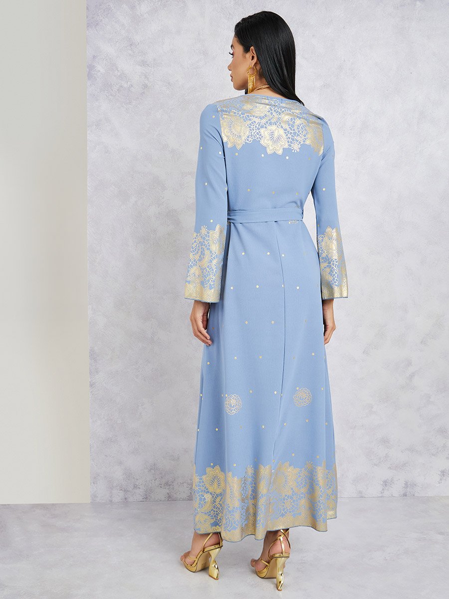 Printed Detail Jalabiya with Tie Up Belt