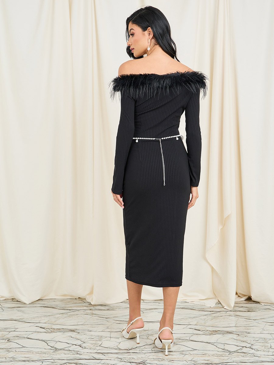 Faux Fur Off Shoulder Bodycon Dress with Embellished Belt For Women at Bahrain | Styli Faux Fur Off Shoulder Bodycon Dress with Embellished Belt For Women at Bahrain | Styli