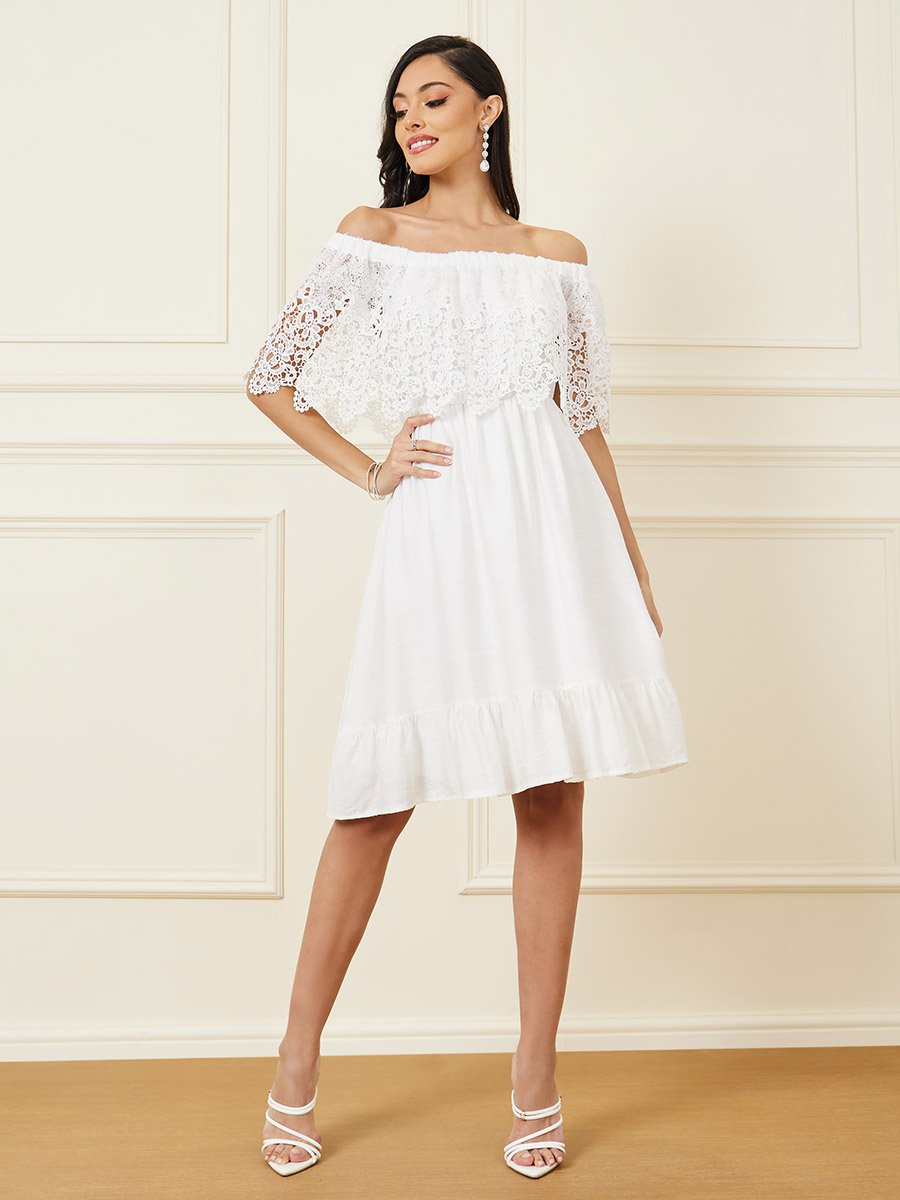 Schiffli Layer Off Shoulder A-Line Knee Length Dress For Women at UAE
