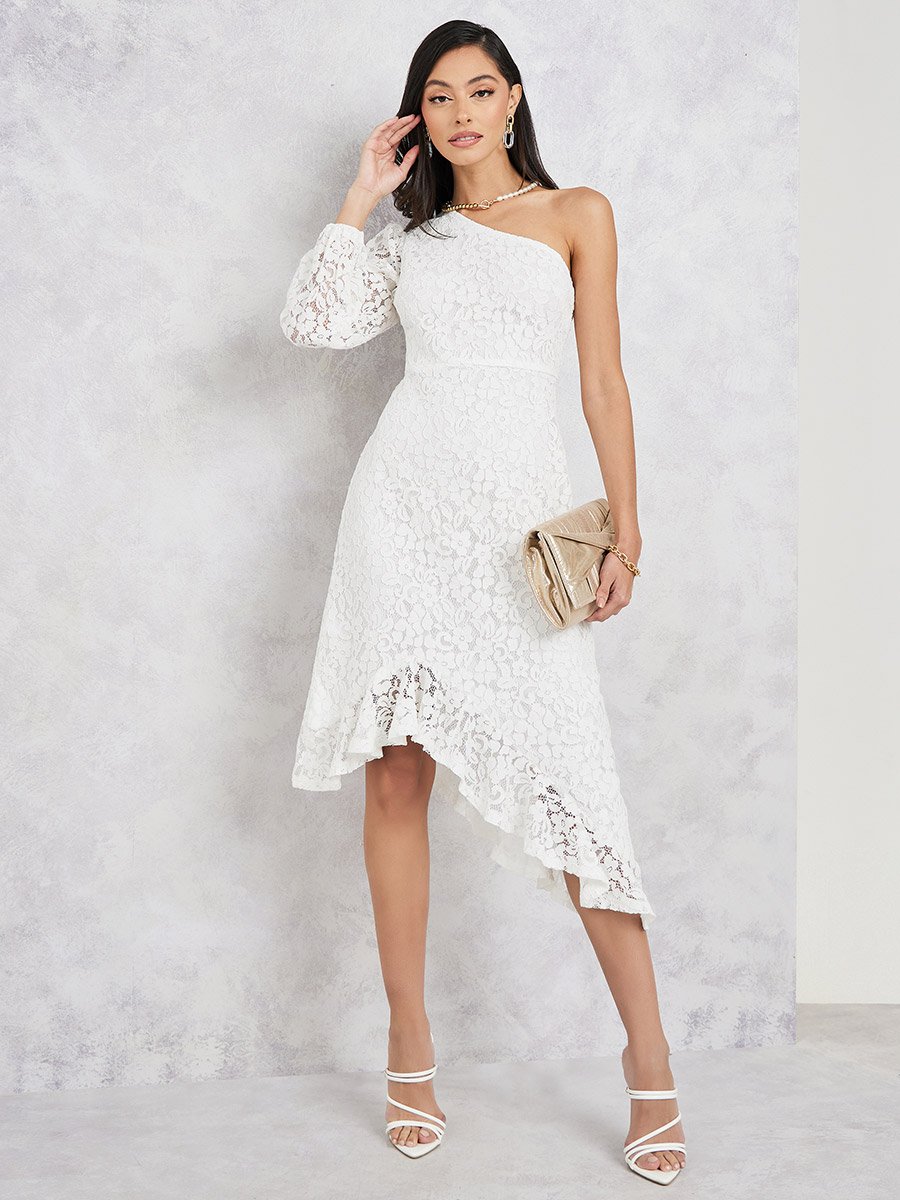 All Over Lace One Shoulder Sleeves Asymmetric Hem A-Line Midi Dress For  Women at Saudi | Styli