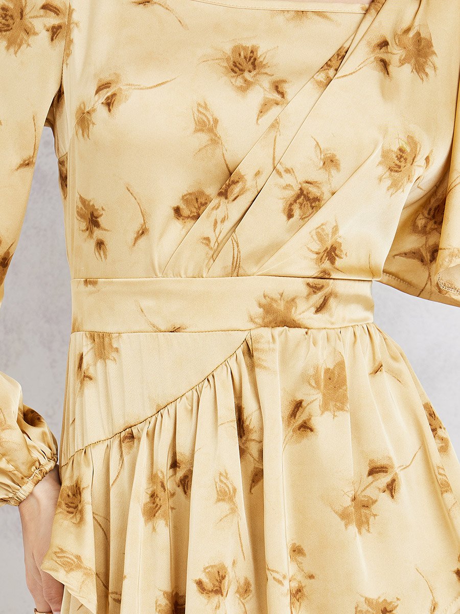 Satin Floral Print Asymmetrical Hem A-Line Midi Dress For Women at Kuwait |  Styli