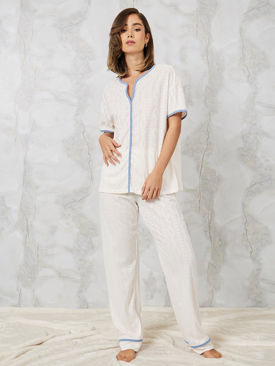 Jacquard Cable Contrast Edge Shirt and Pyjama Set