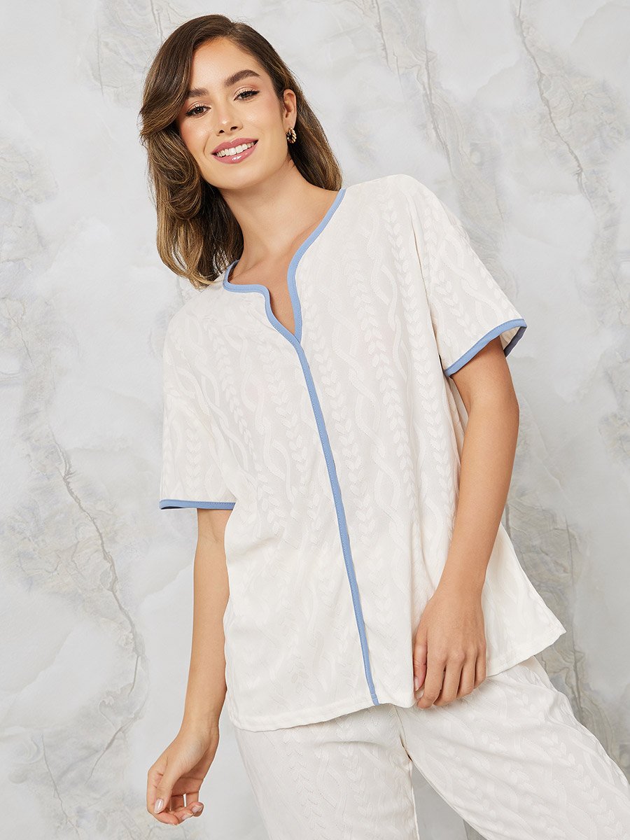 Jacquard Cable Contrast Edge Shirt and Pyjama Set