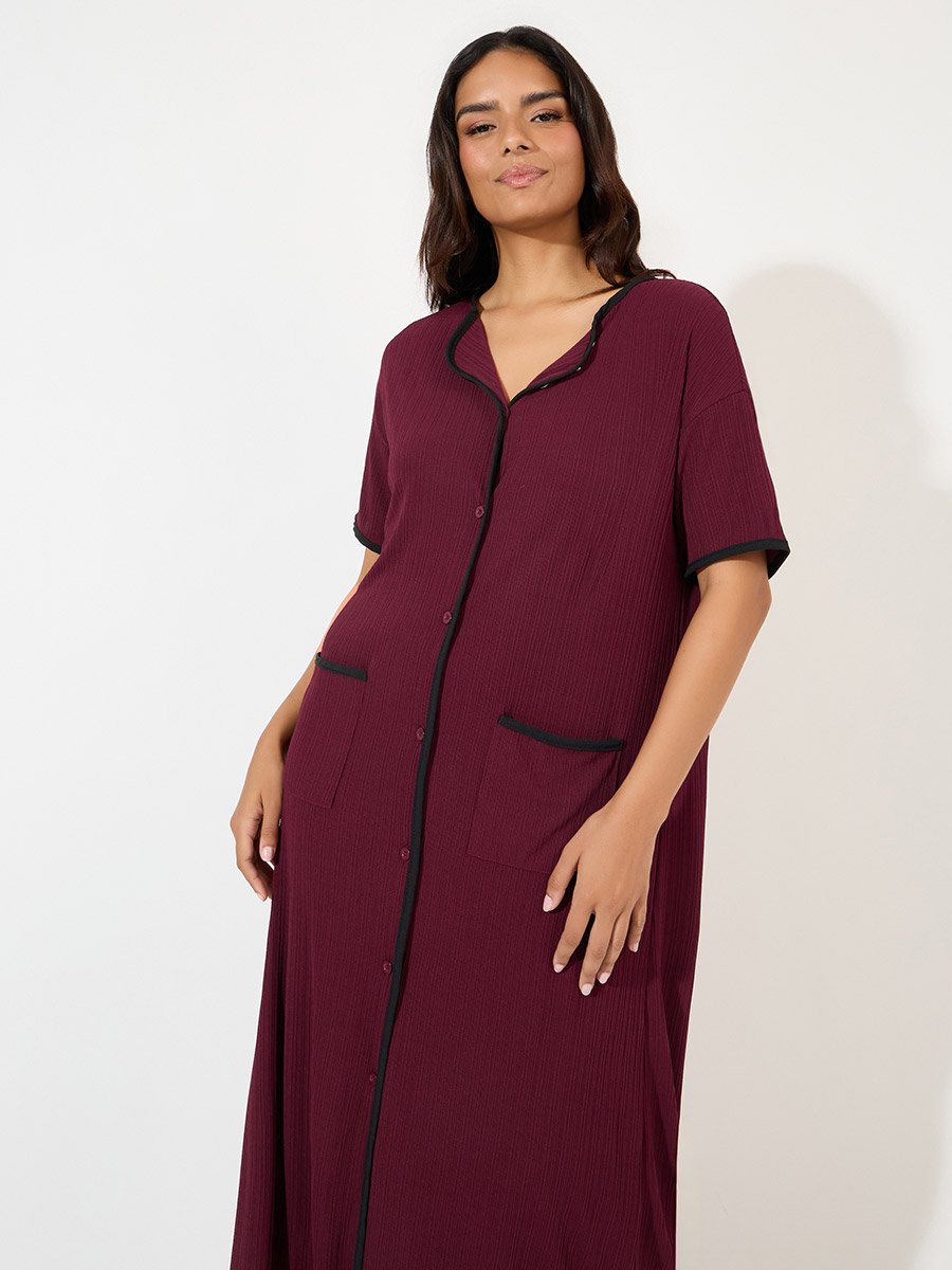 Rib Contrast Edge Button Closure Nightshirt Dress