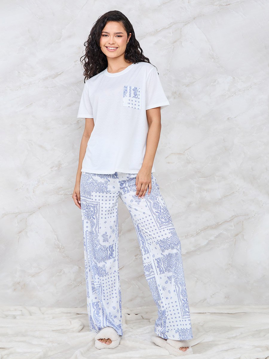 Printed Pocket T-Shirt and Wide Leg Pyjama Set