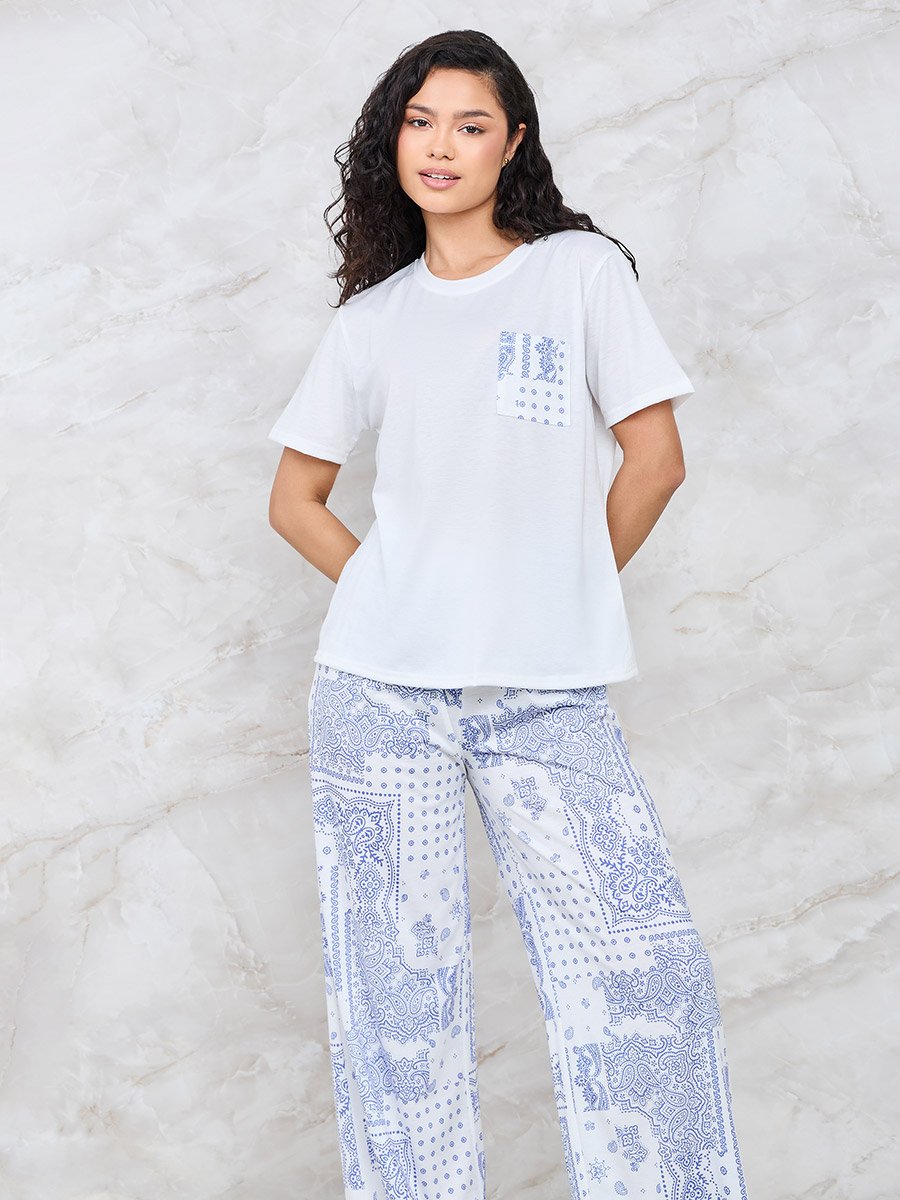 Printed Pocket T-Shirt and Wide Leg Pyjama Set