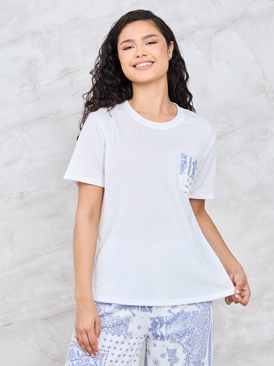 Printed Pocket T-Shirt and Wide Leg Pyjama Set