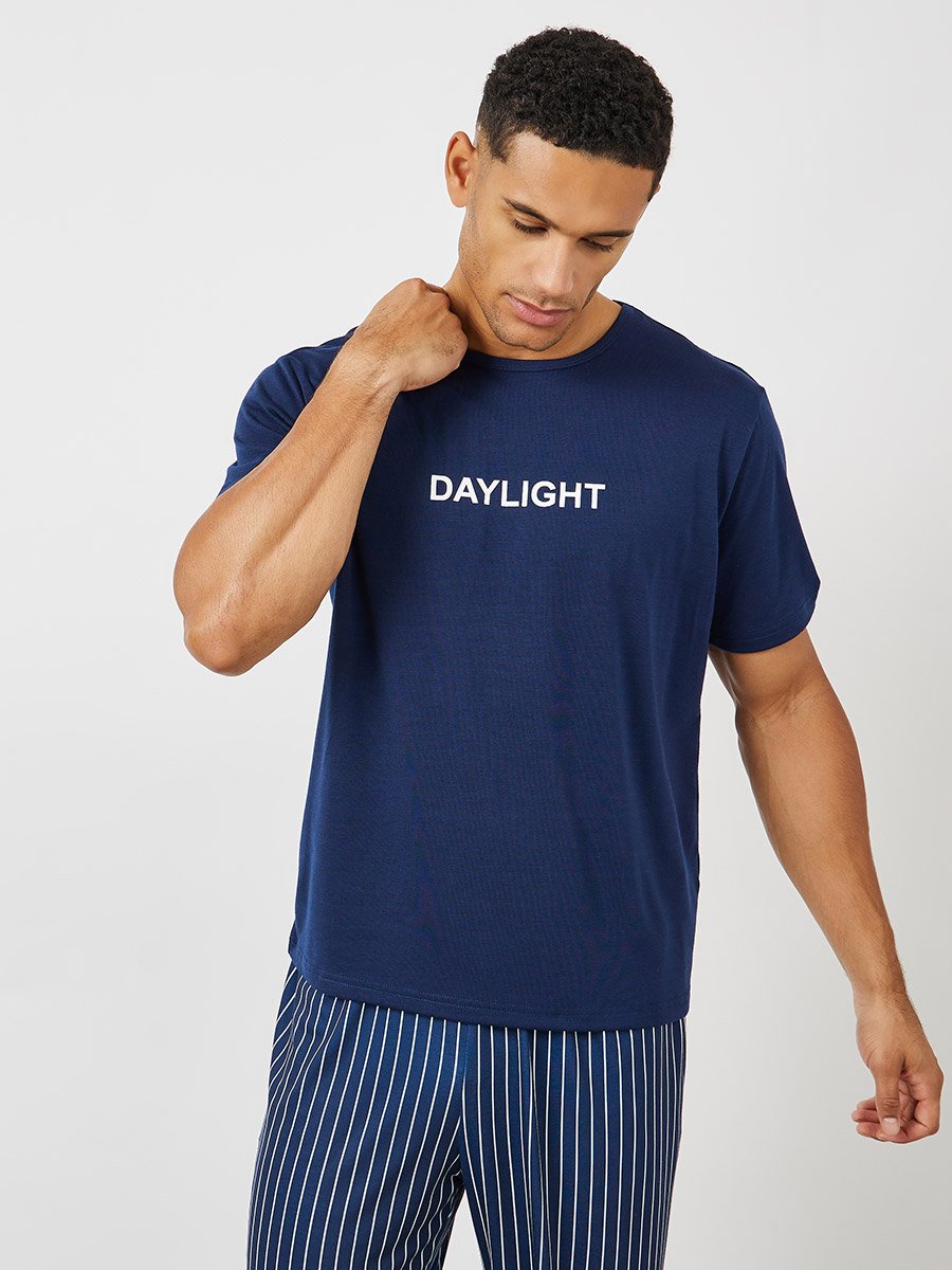 Slogan Print T-Shirt and Striped Pyjama Set