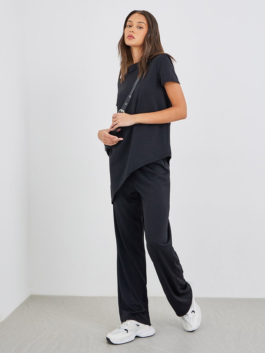 Solid Knitted Asymmetrical Top and Straight Leg Pants Set