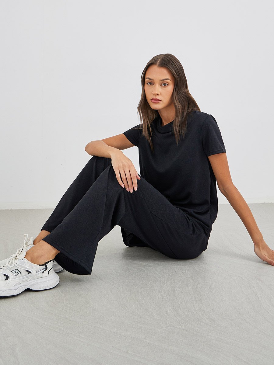 Solid Knitted Asymmetrical Top and Straight Leg Pants Set