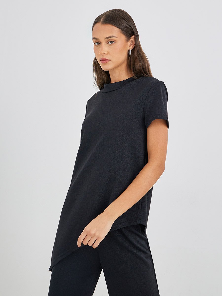 Solid Knitted Asymmetrical Top and Straight Leg Pants Set
