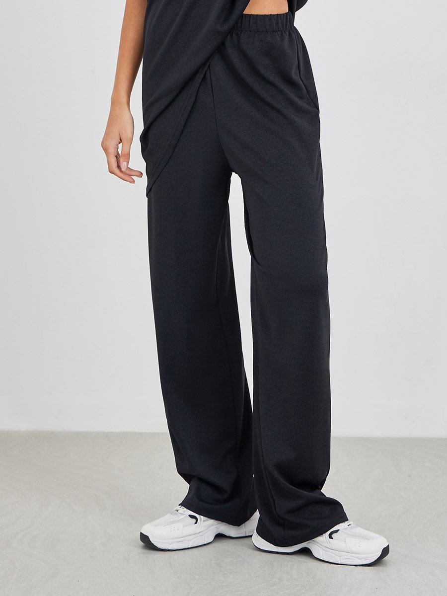 Solid Knitted Asymmetrical Top and Straight Leg Pants Set