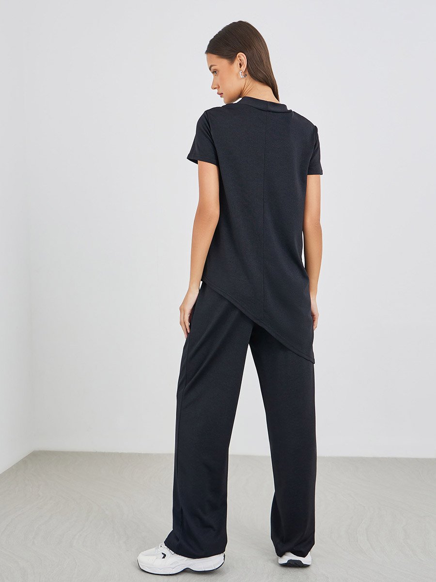 Solid Knitted Asymmetrical Top and Straight Leg Pants Set