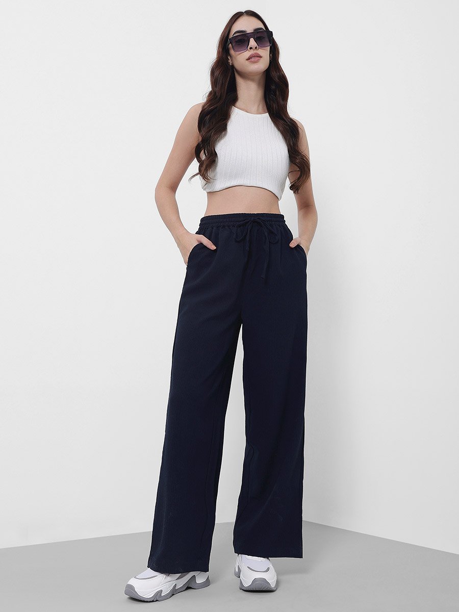 Textured Wide Leg Pants with Side Pocket