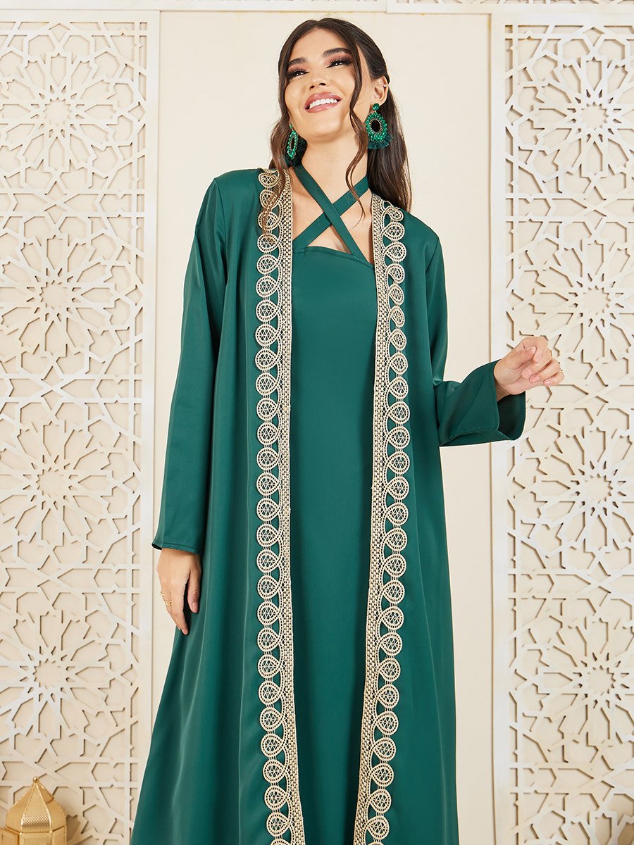 Embroidered Lace Abaya and Halter Neck Inner Dress Set For Women at Saudi | Styli Embroidered Lace Abaya and Halter Neck Inner Dress Set For Women at Saudi | Styli