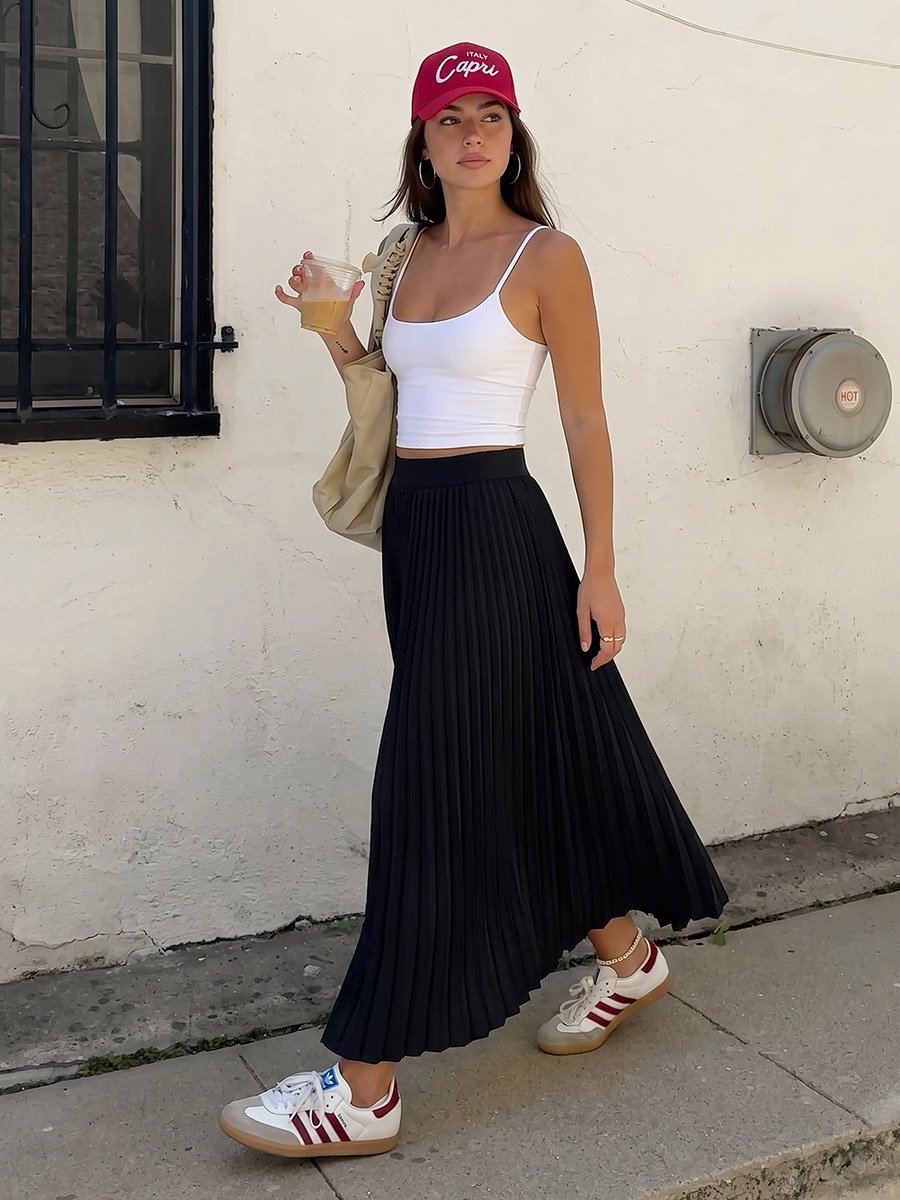 Pleated Flared Maxi Skirt