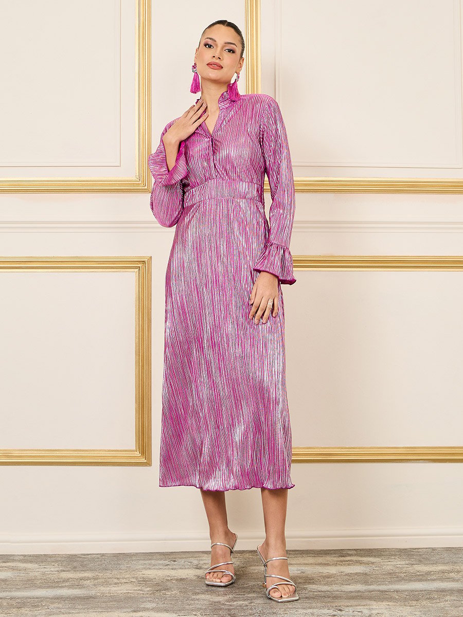 Plisse Ruffle Trim Notch Neck A-Line Midi Dress For Women at Bahrain | Styli Plisse Ruffle Trim Notch Neck A-Line Midi Dress For Women at Bahrain | Styli