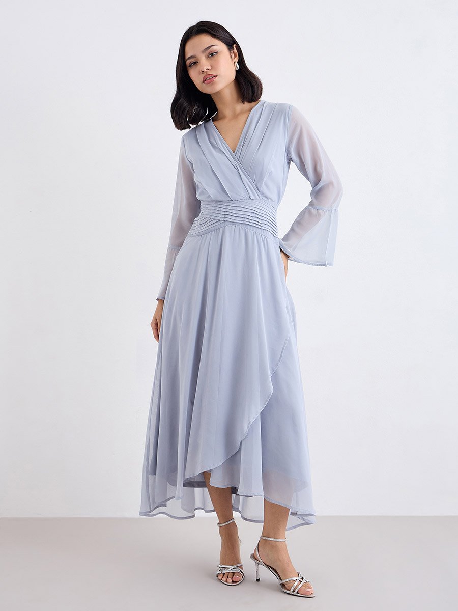 Pleated Waist Asymmetric Hem Maxi Dress