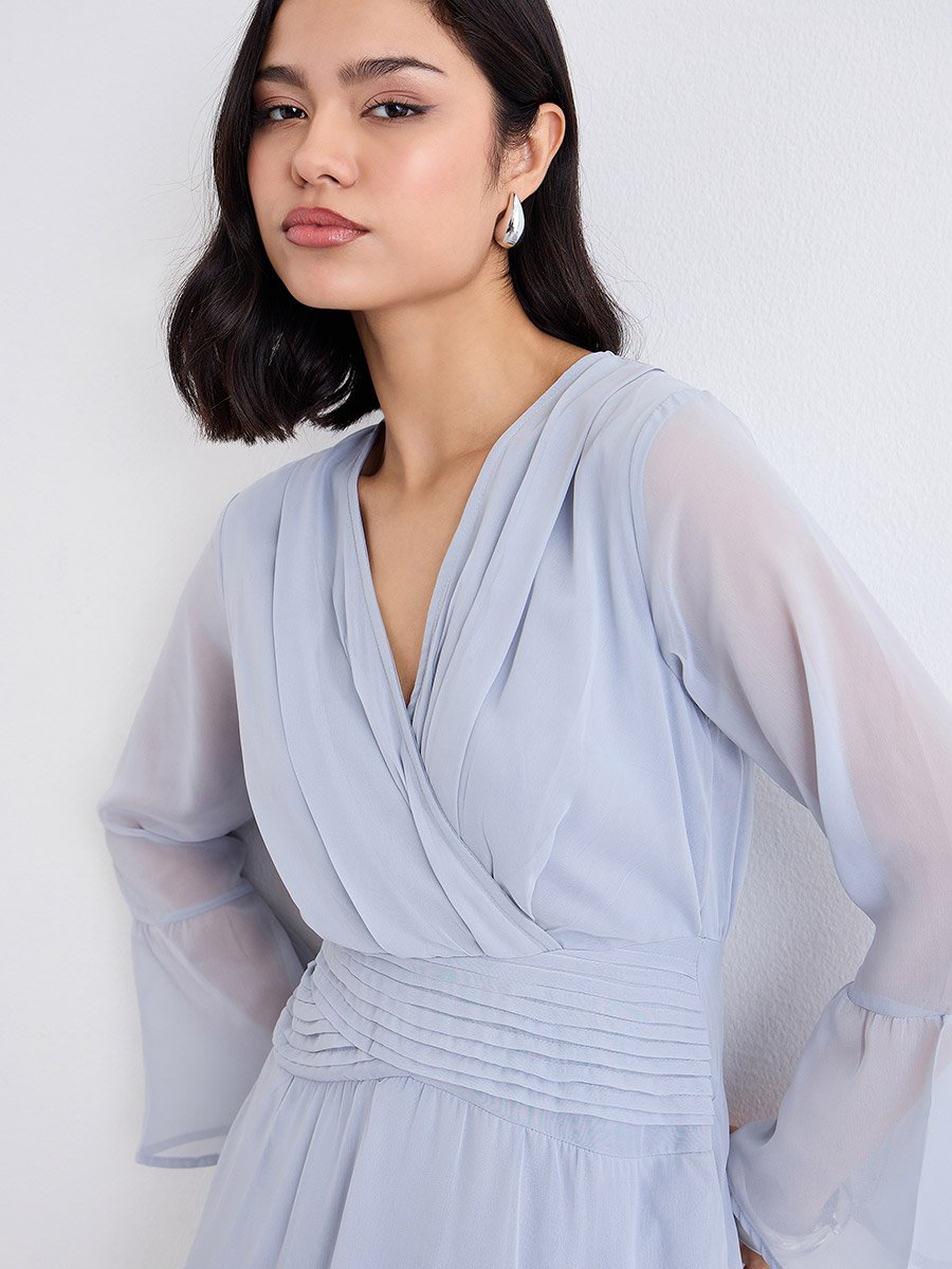 Pleated Waist Asymmetric Hem Maxi Dress