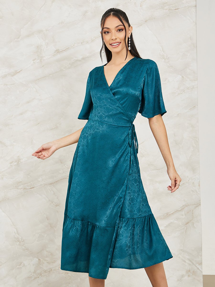Jacquard Wrap Midi Dress with Tie Up For Women at Saudi | Styli