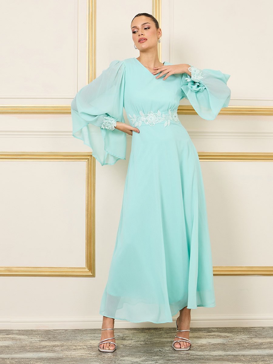 a line dress with bell sleeves Long Sleeve Lace Wedding Dress with Deep V Neck and Bell Sleeves main image 0