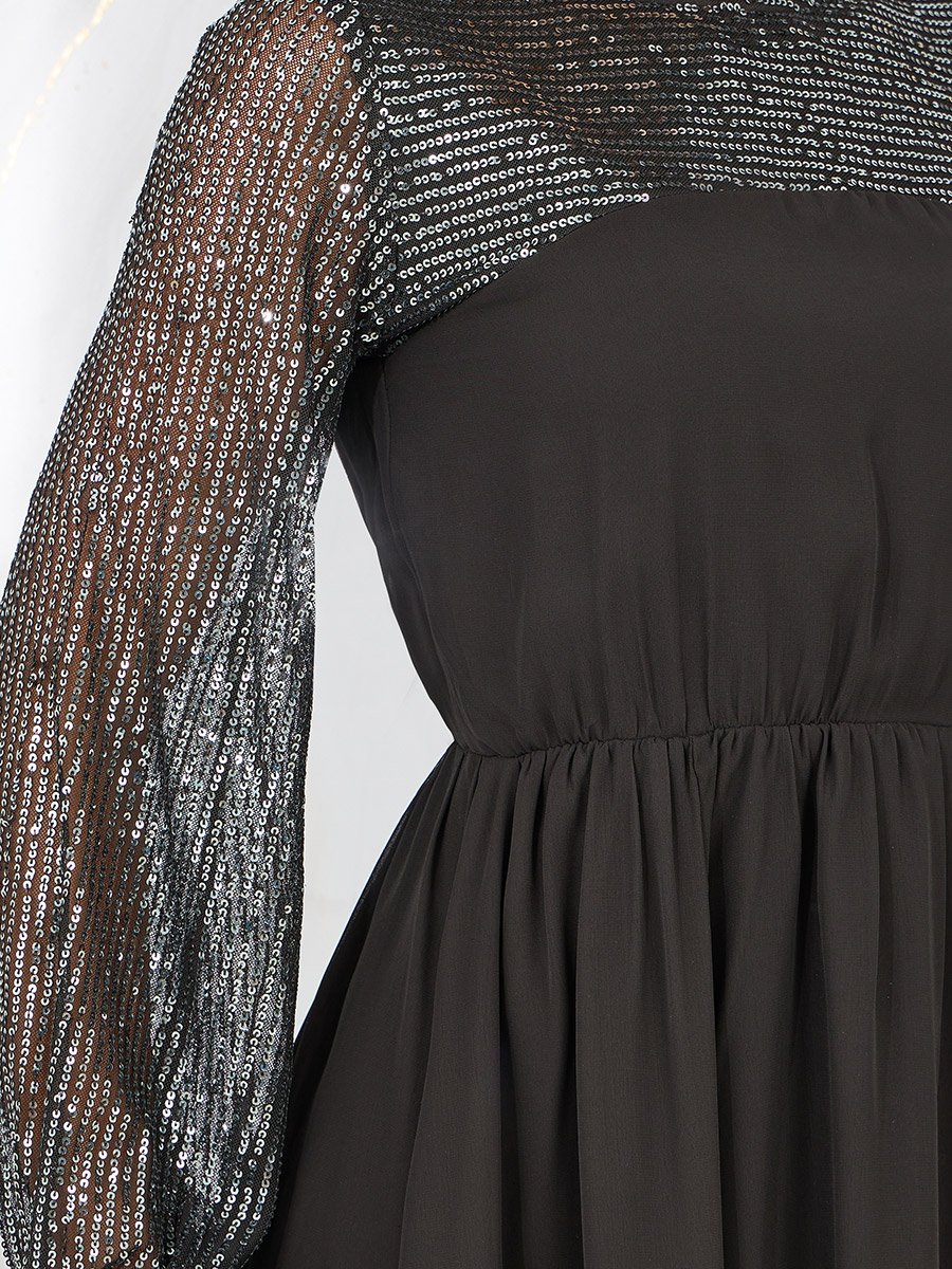 Sequin Detail Sleeves A-Line Midi Dress