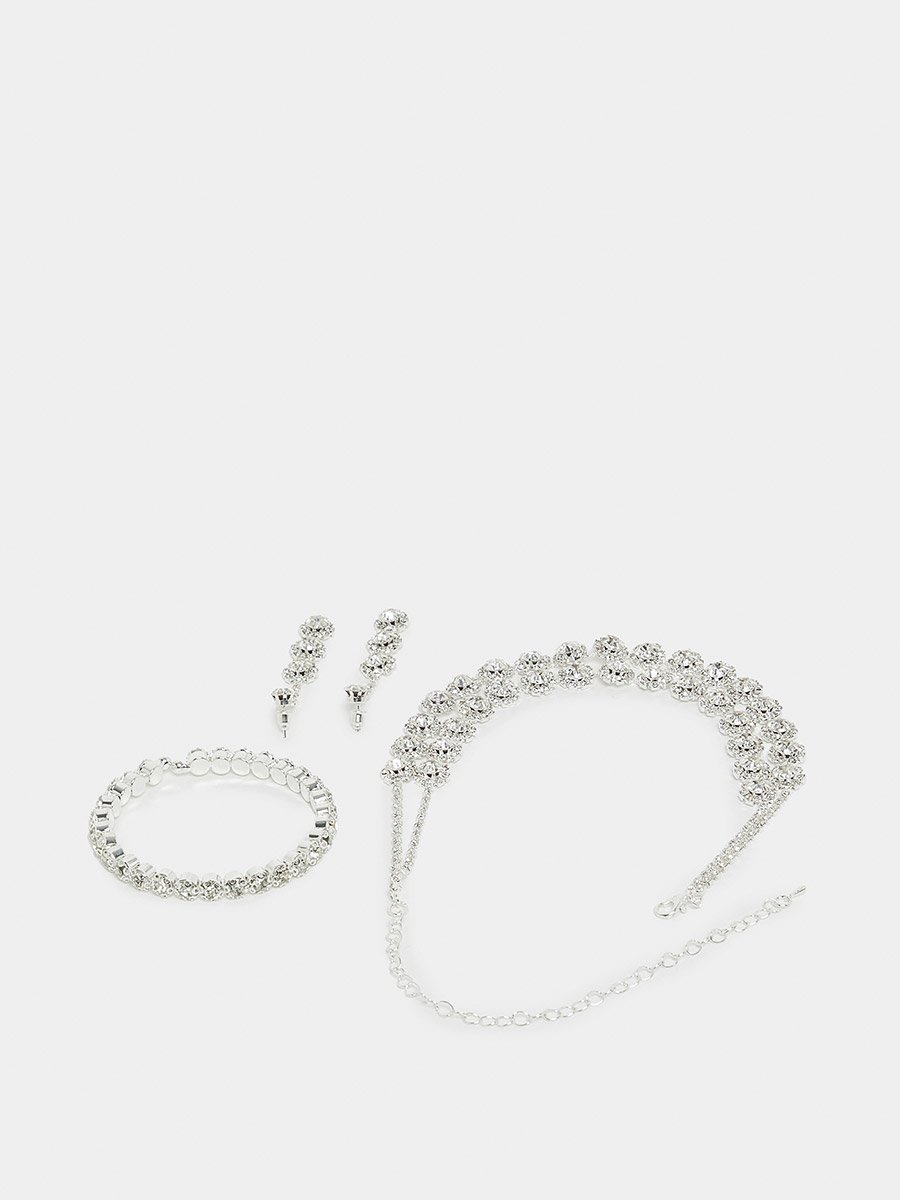 Embellished Faux Crystal Earrings- Bracelet and Necklace Jewelry Set