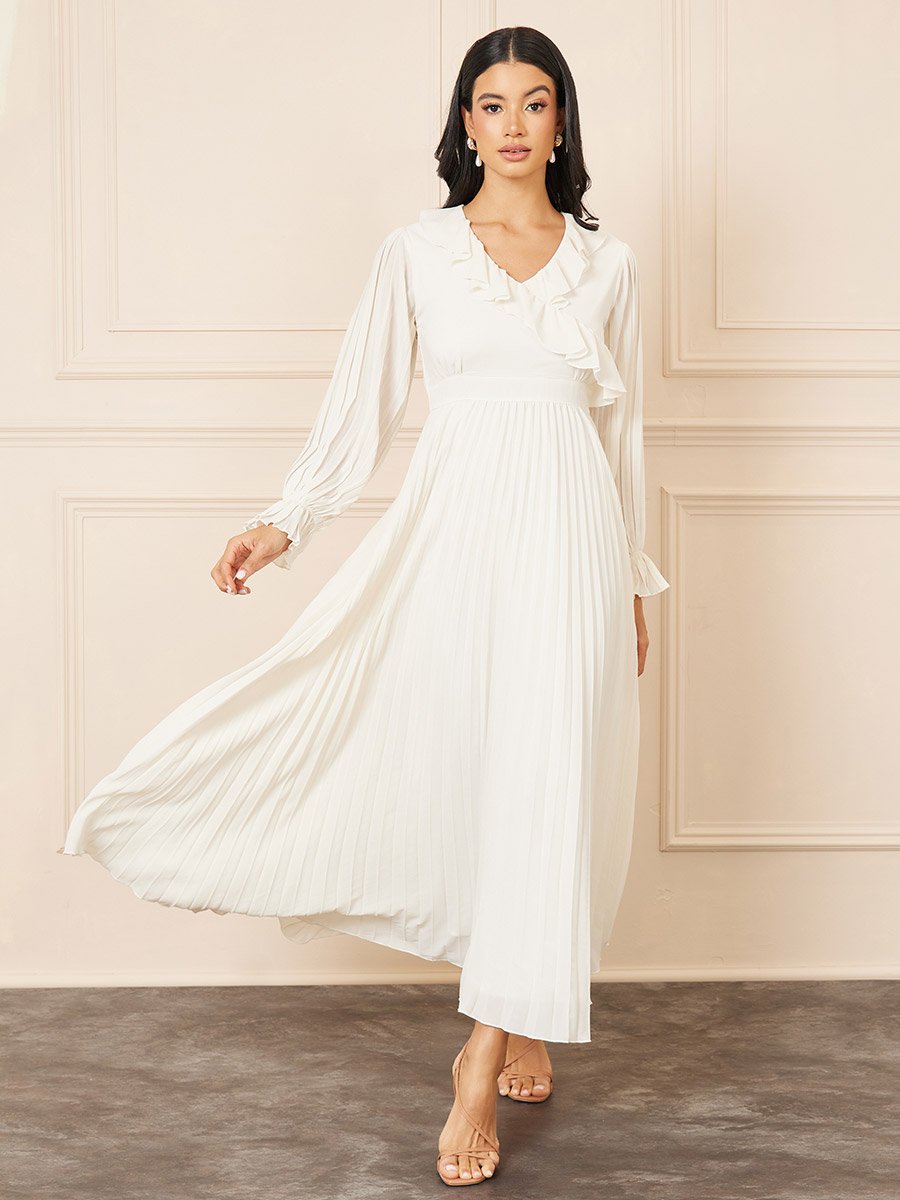 Accordion Pleat Ruffle V Neck A-Line Maxi Dress