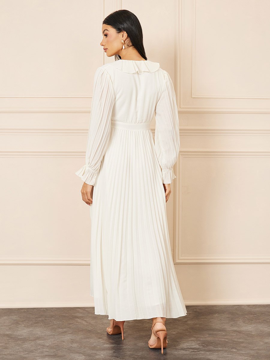 Accordion Pleat Ruffle V Neck A-Line Maxi Dress