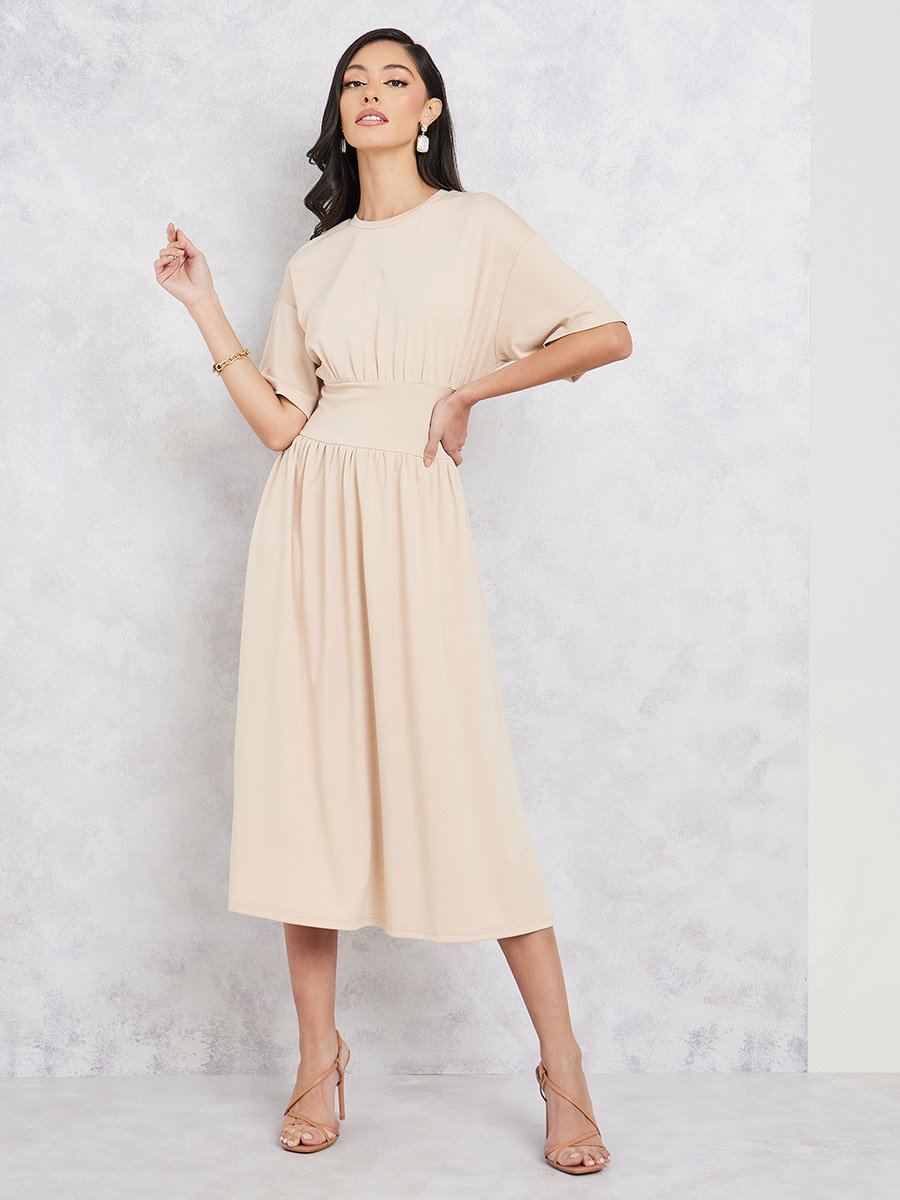 Solid Drop Shoulder Sleeves A-Line Midi Dress